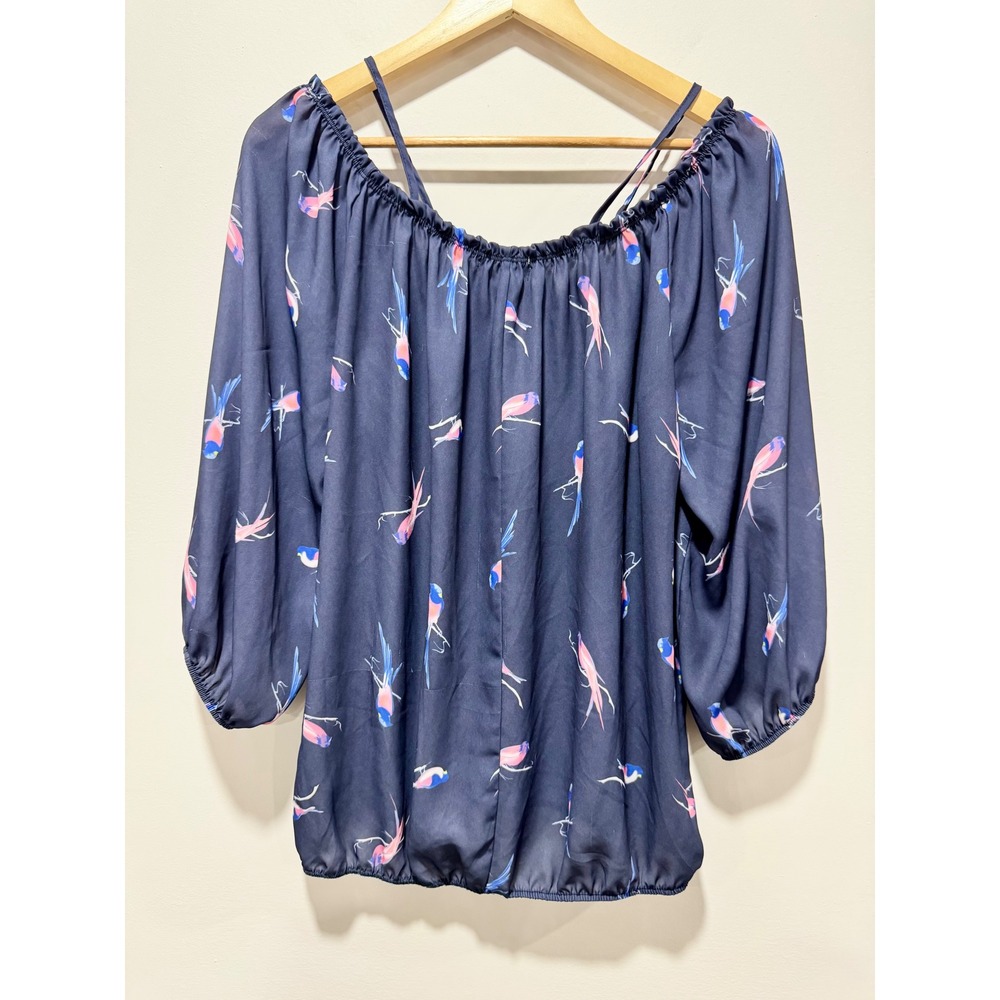 New York & Company Navy Blue Bird Print Off Shoulder Blouse Large Tie Neck Top - Picture 2 of 5